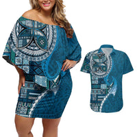 Samoan Siapo Art Tattoo Polynesian Pattern Couples Matching Off Shoulder Short Dress and Hawaiian Shirt Teal Color - Polynesian Pride