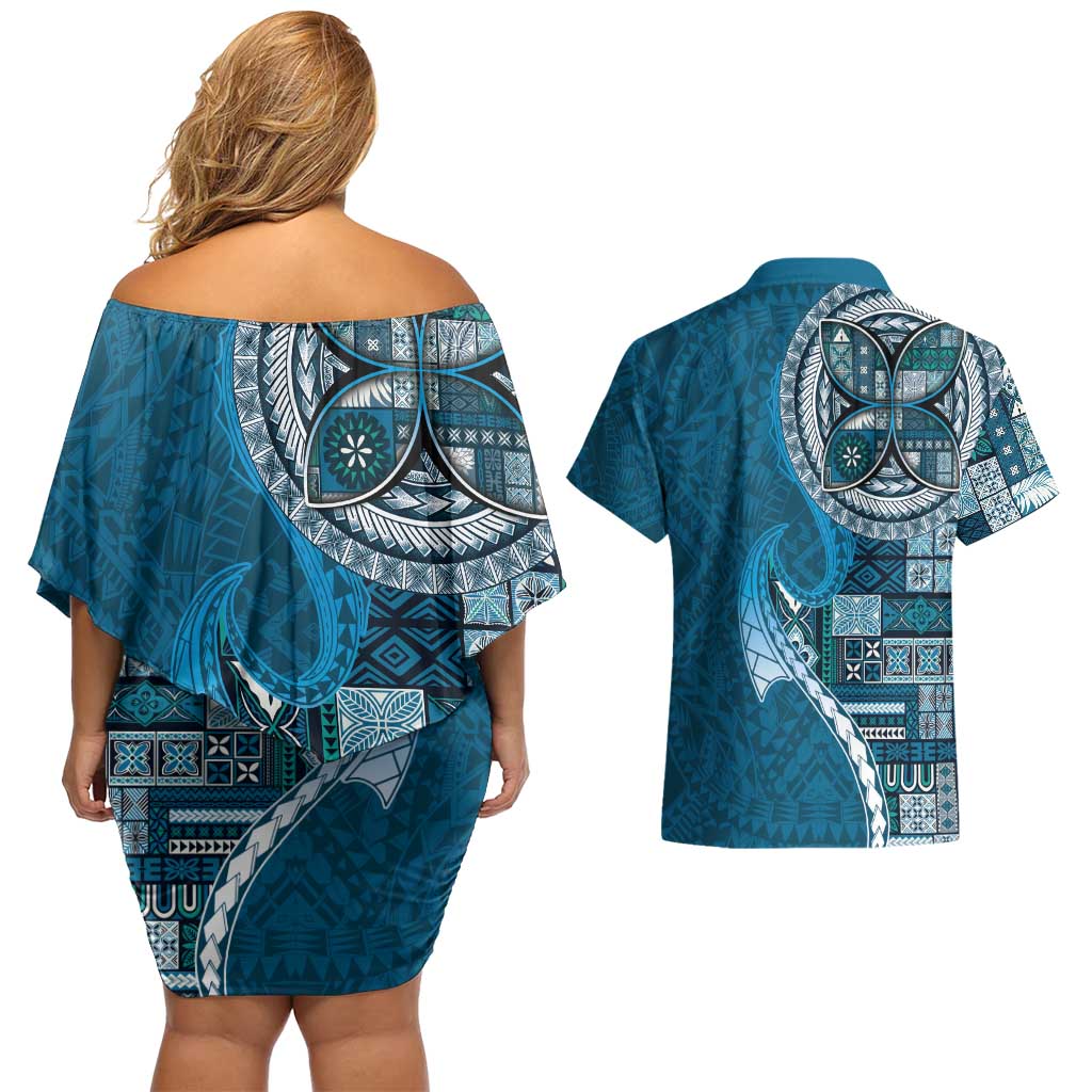 Samoan Siapo Art Tattoo Polynesian Pattern Couples Matching Off Shoulder Short Dress and Hawaiian Shirt Teal Color - Polynesian Pride