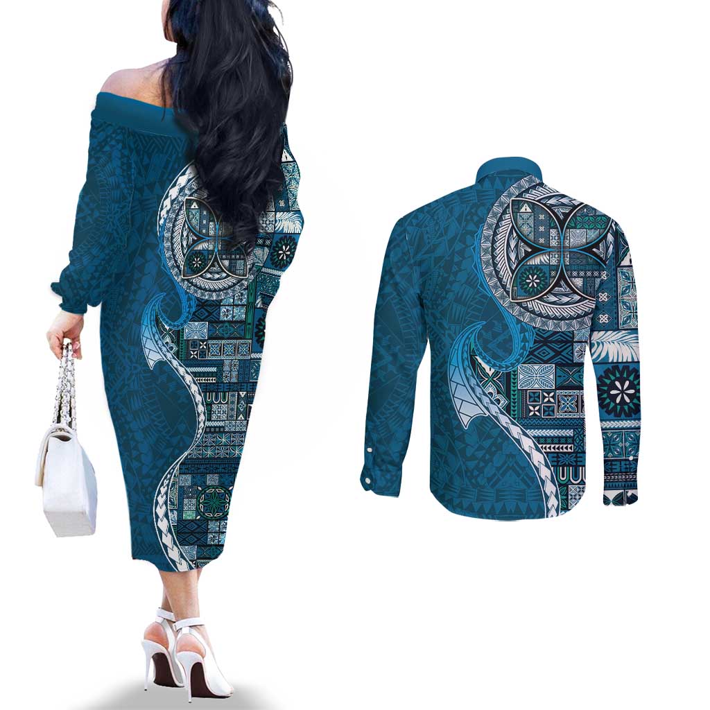 Samoan Siapo Art Tattoo Polynesian Pattern Couples Matching Off The Shoulder Long Sleeve Dress and Long Sleeve Button Shirt Teal Color - Polynesian Pride
