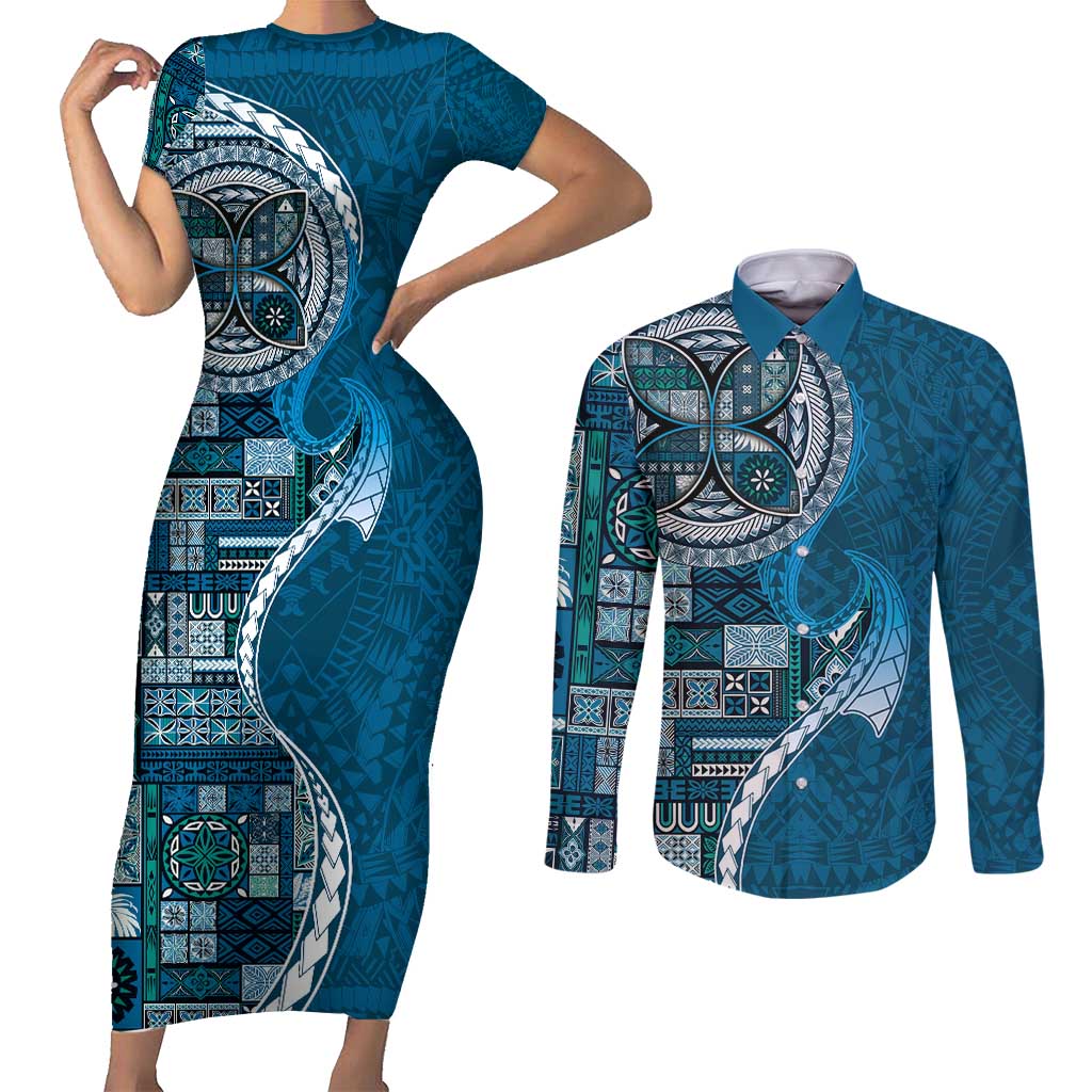 Samoan Siapo Art Tattoo Polynesian Pattern Couples Matching Short Sleeve Bodycon Dress and Long Sleeve Button Shirt Teal Color - Polynesian Pride