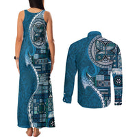 Samoan Siapo Art Tattoo Polynesian Pattern Couples Matching Tank Maxi Dress and Long Sleeve Button Shirt Teal Color - Polynesian Pride
