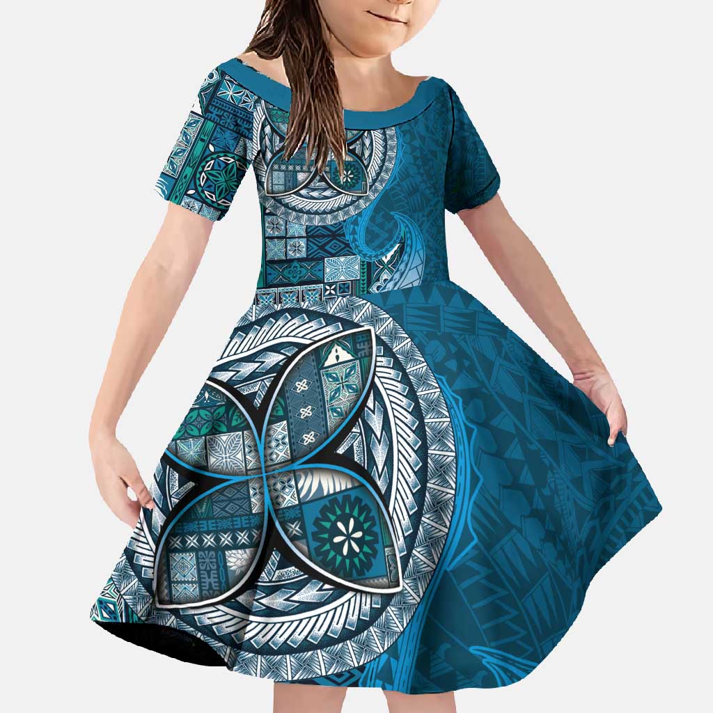 Samoan Siapo Art Tattoo Polynesian Pattern Family Matching Long Sleeve Bodycon Dress and Hawaiian Shirt Teal Color - Polynesian Pride