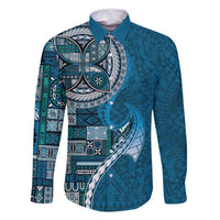 Samoan Siapo Art Tattoo Polynesian Pattern Family Matching Long Sleeve Bodycon Dress and Hawaiian Shirt Teal Color - Polynesian Pride