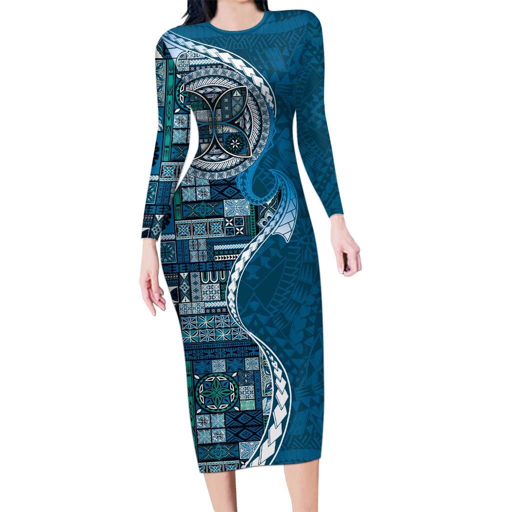 Samoan Siapo Art Tattoo Polynesian Pattern Family Matching Long Sleeve Bodycon Dress and Hawaiian Shirt Teal Color - Polynesian Pride