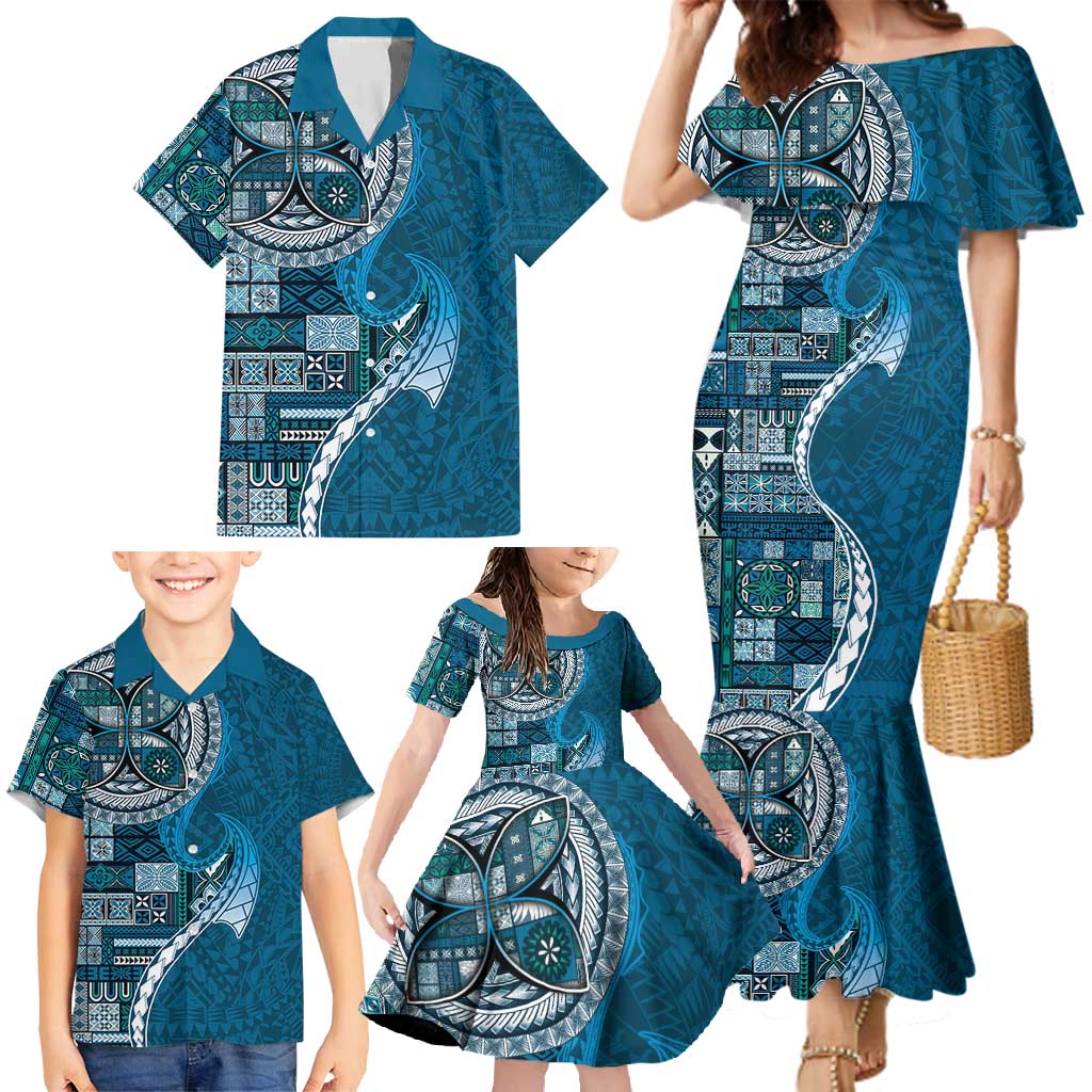 Samoan Siapo Art Tattoo Polynesian Pattern Family Matching Mermaid Dress and Hawaiian Shirt Teal Color - Polynesian Pride