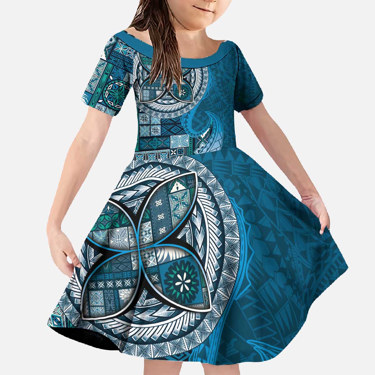 Samoan Siapo Art Tattoo Polynesian Pattern Family Matching Off The Shoulder Long Sleeve Dress and Hawaiian Shirt Teal Color - Polynesian Pride