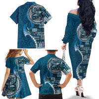 Samoan Siapo Art Tattoo Polynesian Pattern Family Matching Off The Shoulder Long Sleeve Dress and Hawaiian Shirt Teal Color - Polynesian Pride