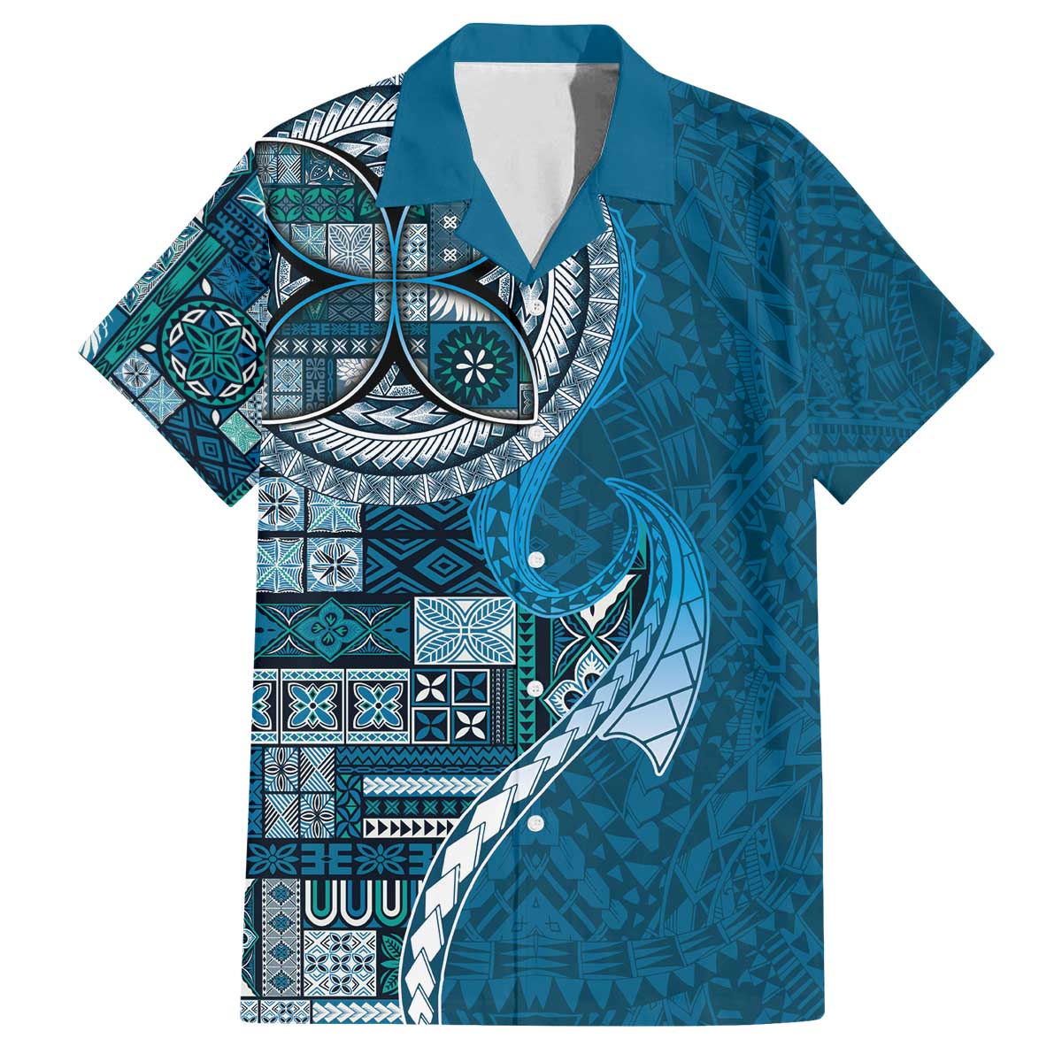 Samoan Siapo Art Tattoo Polynesian Pattern Family Matching Off The Shoulder Long Sleeve Dress and Hawaiian Shirt Teal Color - Polynesian Pride