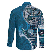 Samoan Siapo Art Tattoo Polynesian Pattern Family Matching Off The Shoulder Long Sleeve Dress and Hawaiian Shirt Teal Color - Polynesian Pride