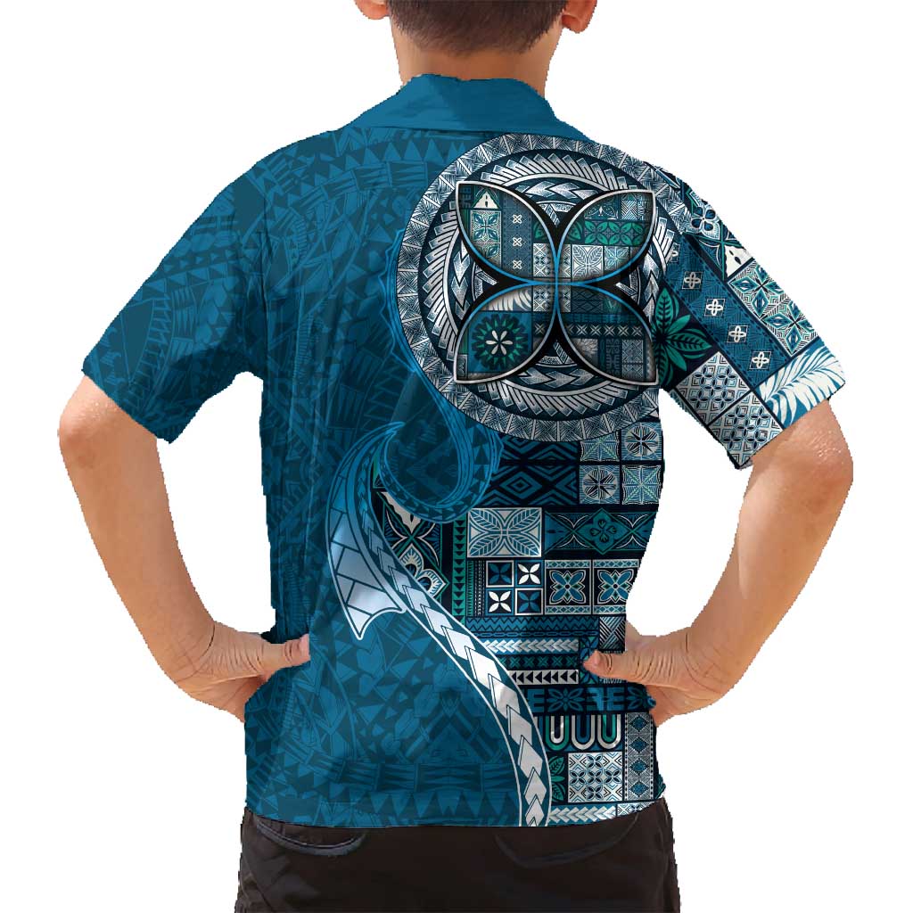 Samoan Siapo Art Tattoo Polynesian Pattern Family Matching Off Shoulder Short Dress and Hawaiian Shirt Teal Color - Polynesian Pride