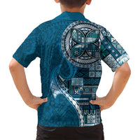 Samoan Siapo Art Tattoo Polynesian Pattern Family Matching Off Shoulder Short Dress and Hawaiian Shirt Teal Color - Polynesian Pride