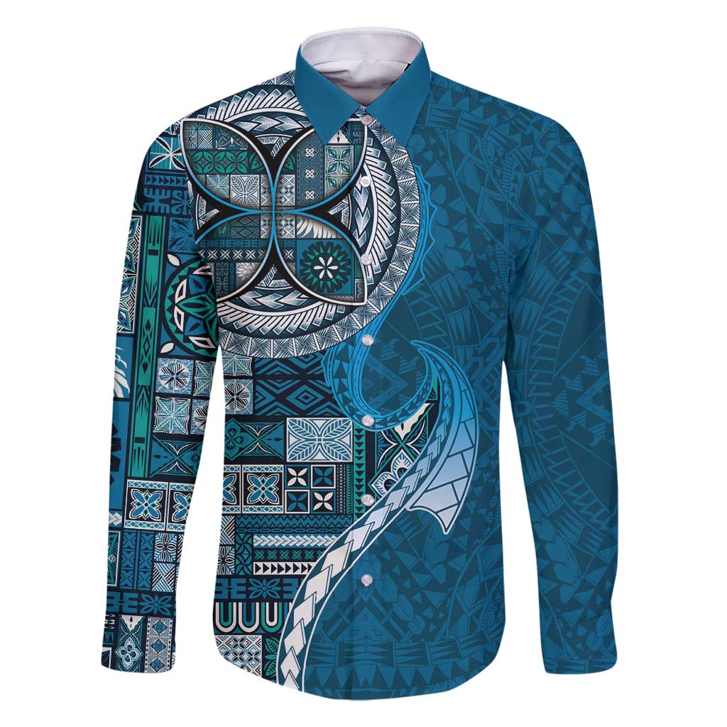 Samoan Siapo Art Tattoo Polynesian Pattern Family Matching Off Shoulder Short Dress and Hawaiian Shirt Teal Color - Polynesian Pride