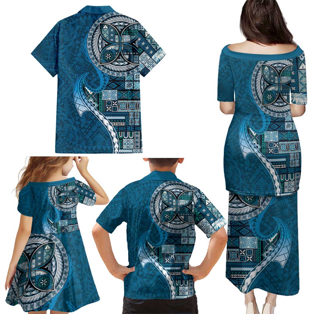Samoan Siapo Art Tattoo Polynesian Pattern Family Matching Puletasi and Hawaiian Shirt Teal Color - Polynesian Pride