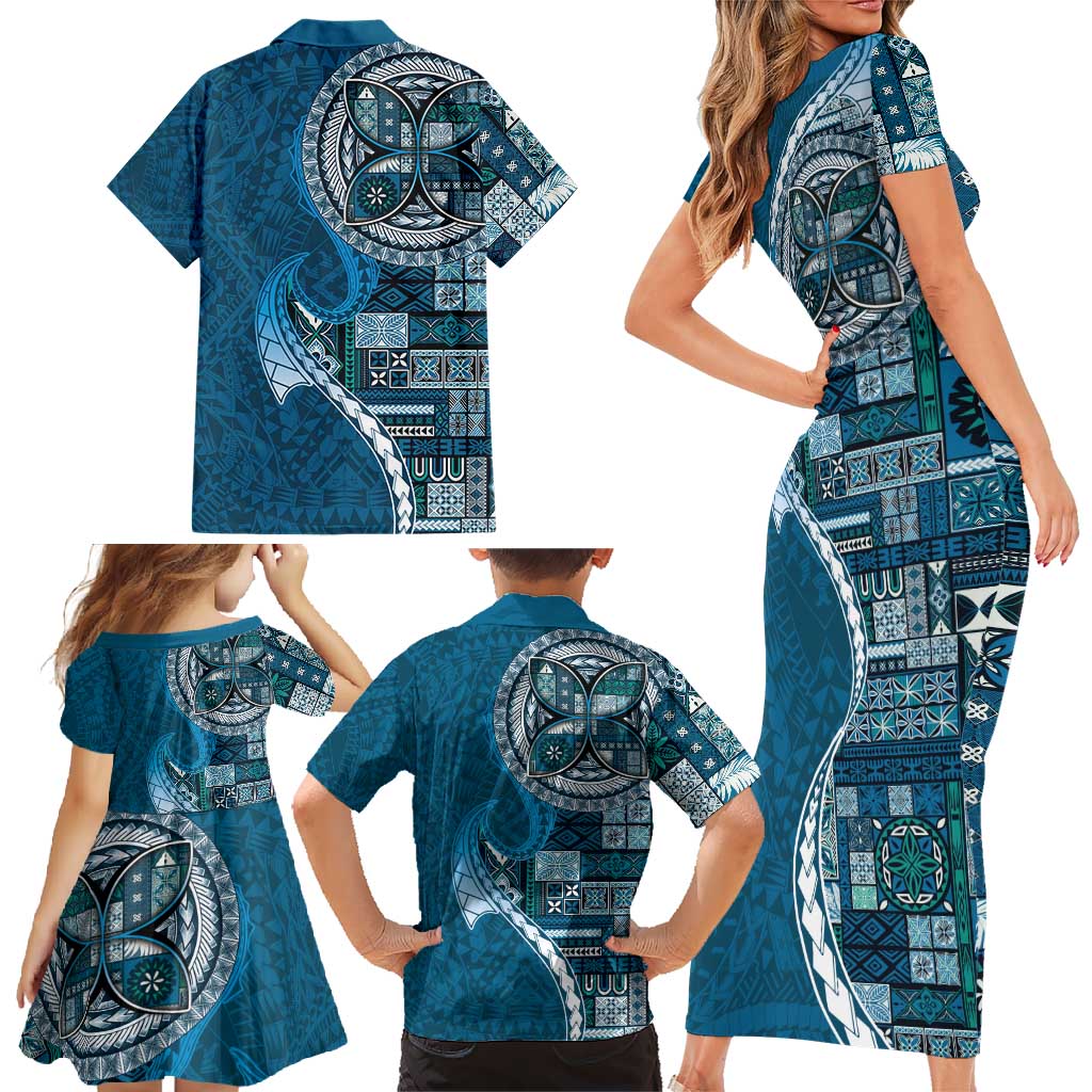 Samoan Siapo Art Tattoo Polynesian Pattern Family Matching Short Sleeve Bodycon Dress and Hawaiian Shirt Teal Color - Polynesian Pride