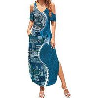 Samoan Siapo Art Tattoo Polynesian Pattern Family Matching Summer Maxi Dress and Hawaiian Shirt Teal Color - Polynesian Pride