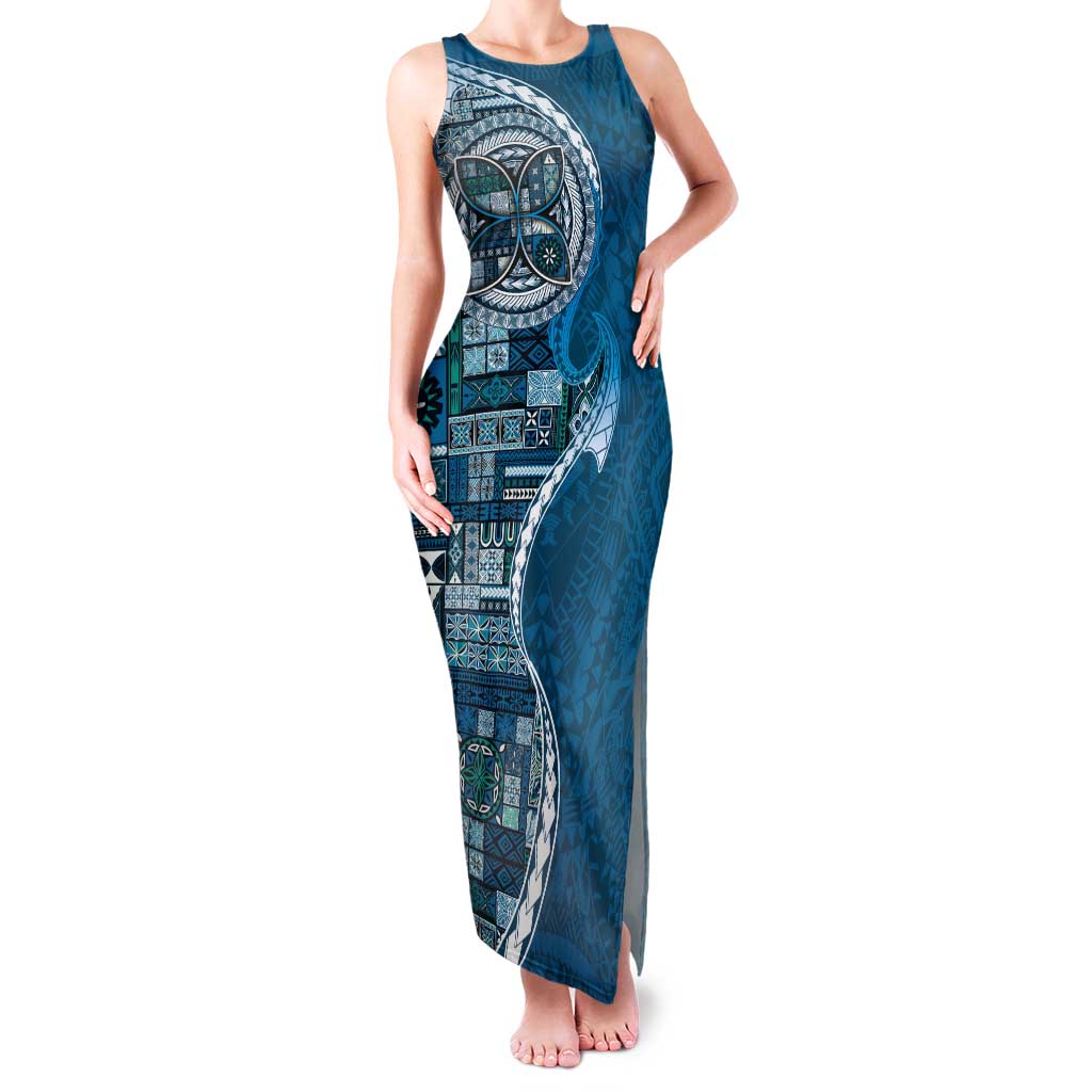 Samoan Siapo Art Tattoo Polynesian Pattern Family Matching Tank Maxi Dress and Hawaiian Shirt Teal Color - Polynesian Pride