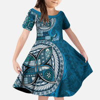 Samoan Siapo Art Tattoo Polynesian Pattern Kid Short Sleeve Dress Teal Color LT03 KID Teal - Polynesian Pride
