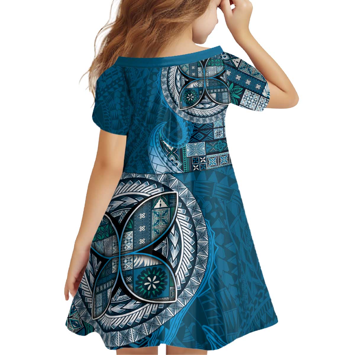 Samoan Siapo Art Tattoo Polynesian Pattern Kid Short Sleeve Dress Teal Color LT03 - Polynesian Pride