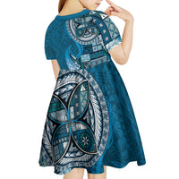 Samoan Siapo Art Tattoo Polynesian Pattern Kid Short Sleeve Dress Teal Color LT03 - Polynesian Pride