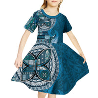 Samoan Siapo Art Tattoo Polynesian Pattern Kid Short Sleeve Dress Teal Color LT03 - Polynesian Pride