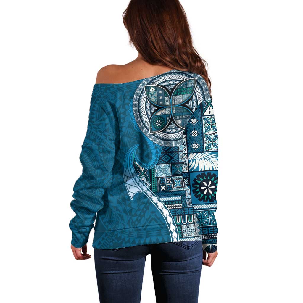 Samoan Siapo Art Tattoo Polynesian Pattern Off Shoulder Sweater Teal Color - Polynesian Pride