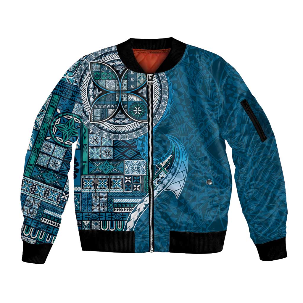 Samoan Siapo Art Tattoo Polynesian Pattern Sleeve Zip Bomber Jacket Teal Color - Polynesian Pride