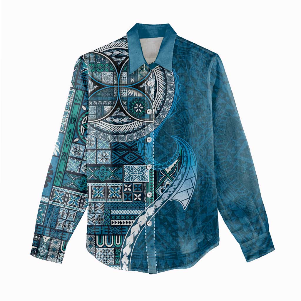Samoan Siapo Art Tattoo Polynesian Pattern Women Casual Shirt Teal Color - Polynesian Pride