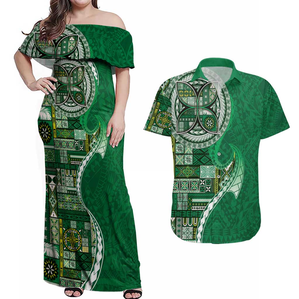 Samoan Siapo Art Tattoo Polynesian Pattern Couples Matching Off Shoulder Maxi Dress and Hawaiian Shirt Green Color - Polynesian Pride