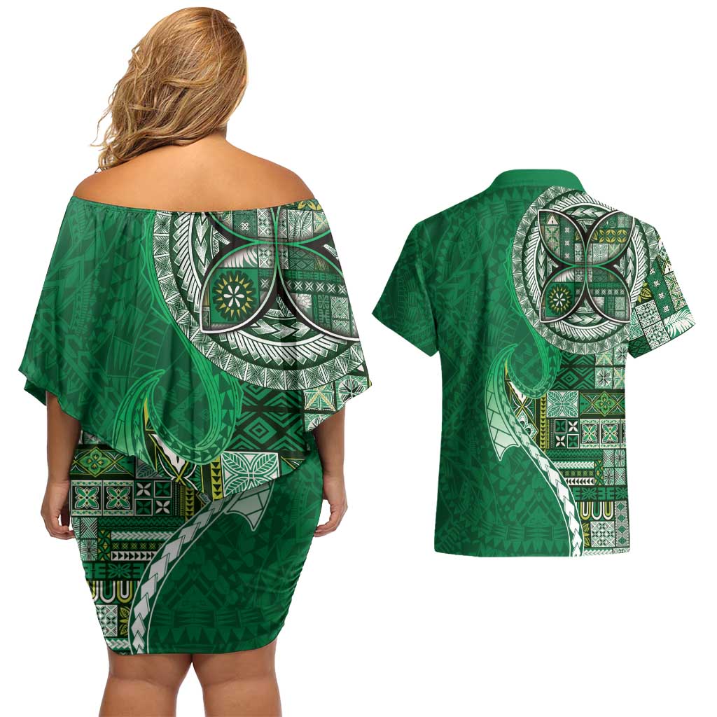 Samoan Siapo Art Tattoo Polynesian Pattern Couples Matching Off Shoulder Short Dress and Hawaiian Shirt Green Color - Polynesian Pride