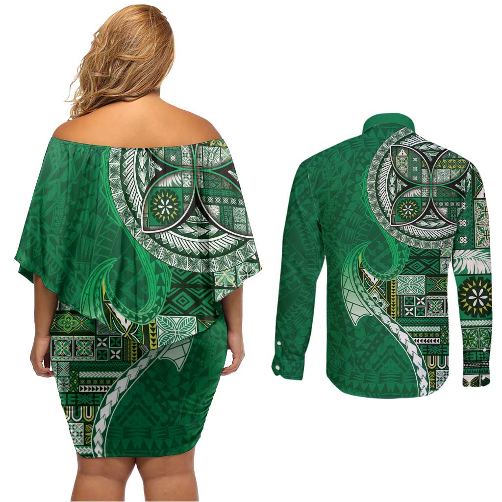 Samoan Siapo Art Tattoo Polynesian Pattern Couples Matching Off Shoulder Short Dress and Long Sleeve Button Shirt Green Color - Polynesian Pride