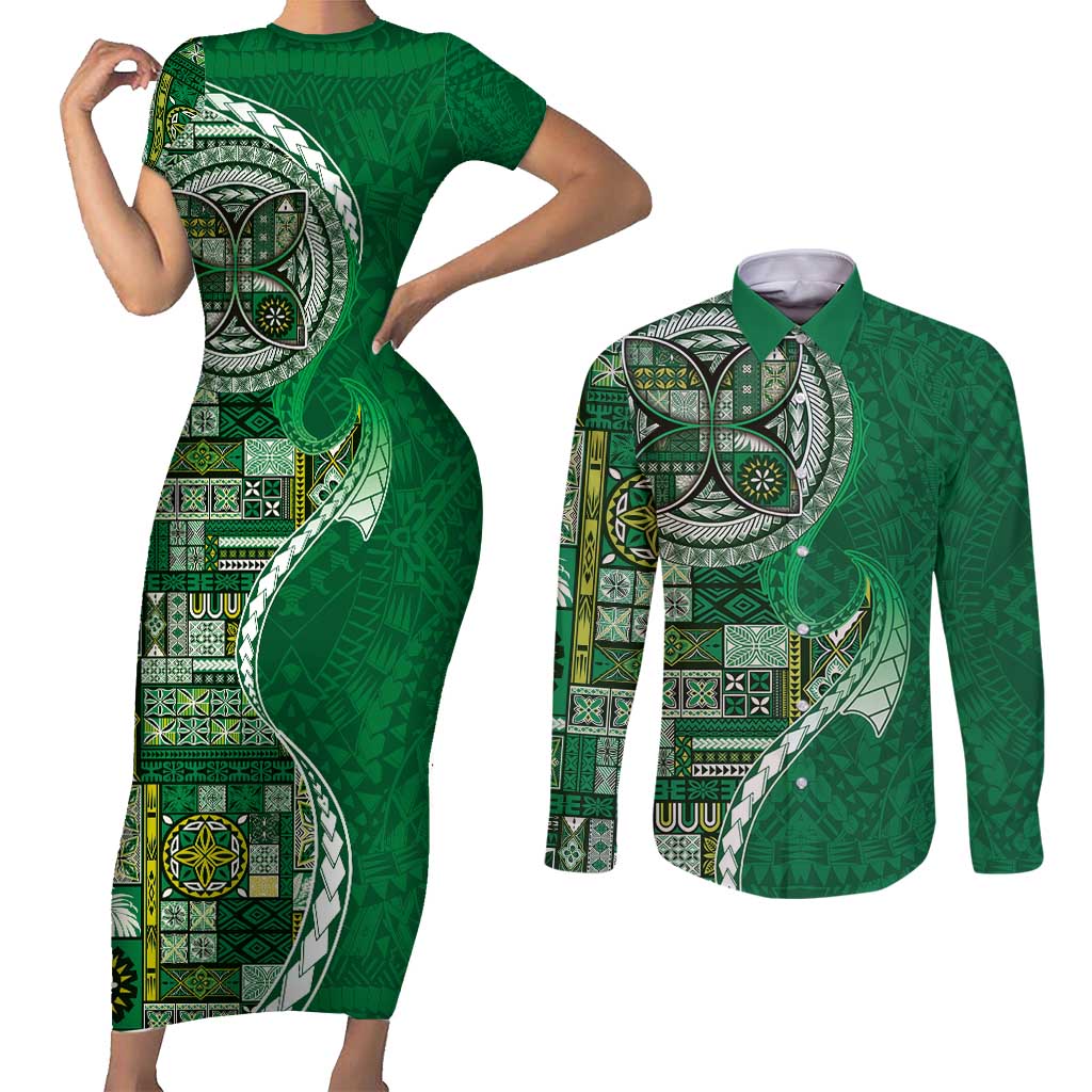 Samoan Siapo Art Tattoo Polynesian Pattern Couples Matching Short Sleeve Bodycon Dress and Long Sleeve Button Shirt Green Color - Polynesian Pride