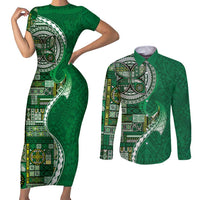 Samoan Siapo Art Tattoo Polynesian Pattern Couples Matching Short Sleeve Bodycon Dress and Long Sleeve Button Shirt Green Color - Polynesian Pride