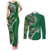 Samoan Siapo Art Tattoo Polynesian Pattern Couples Matching Tank Maxi Dress and Long Sleeve Button Shirt Green Color - Polynesian Pride