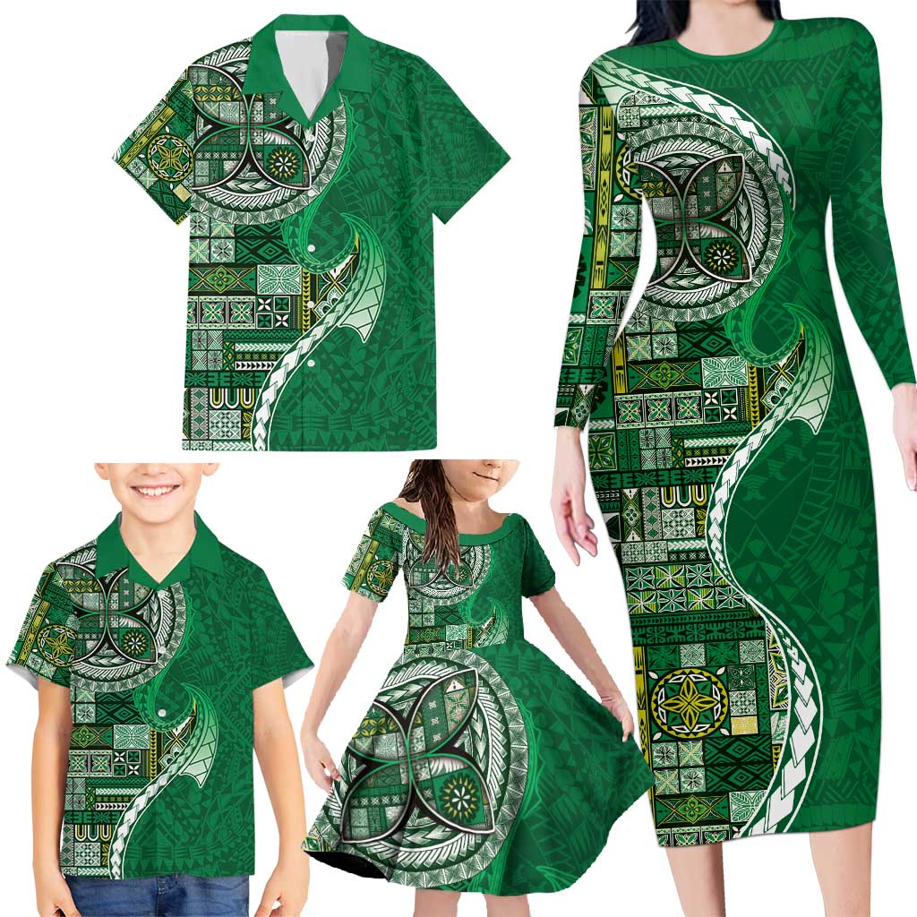 Samoan Siapo Art Tattoo Polynesian Pattern Family Matching Long Sleeve Bodycon Dress and Hawaiian Shirt Green Color - Polynesian Pride
