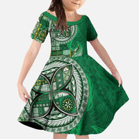 Samoan Siapo Art Tattoo Polynesian Pattern Family Matching Off The Shoulder Long Sleeve Dress and Hawaiian Shirt Green Color - Polynesian Pride
