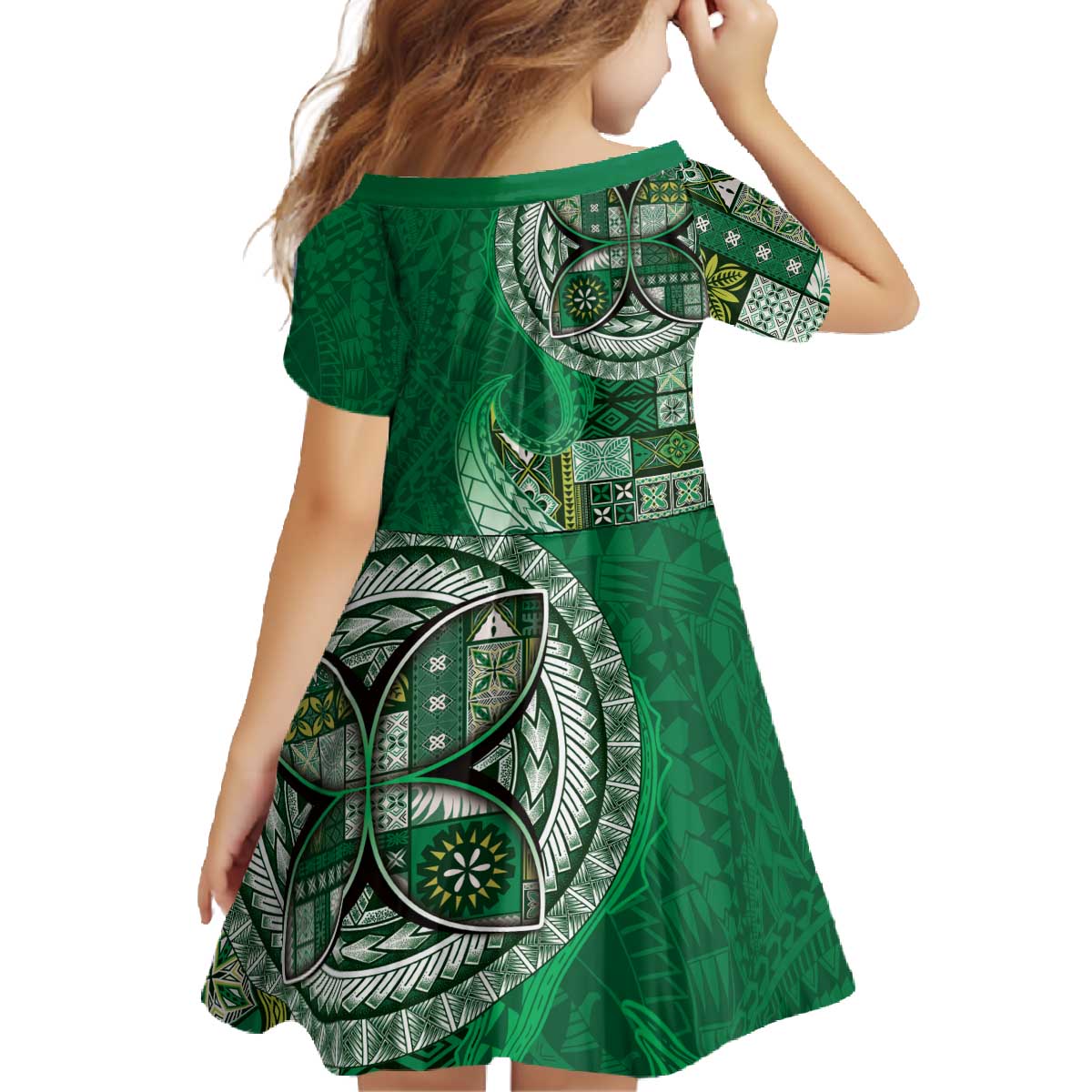 Samoan Siapo Art Tattoo Polynesian Pattern Family Matching Off The Shoulder Long Sleeve Dress and Hawaiian Shirt Green Color - Polynesian Pride