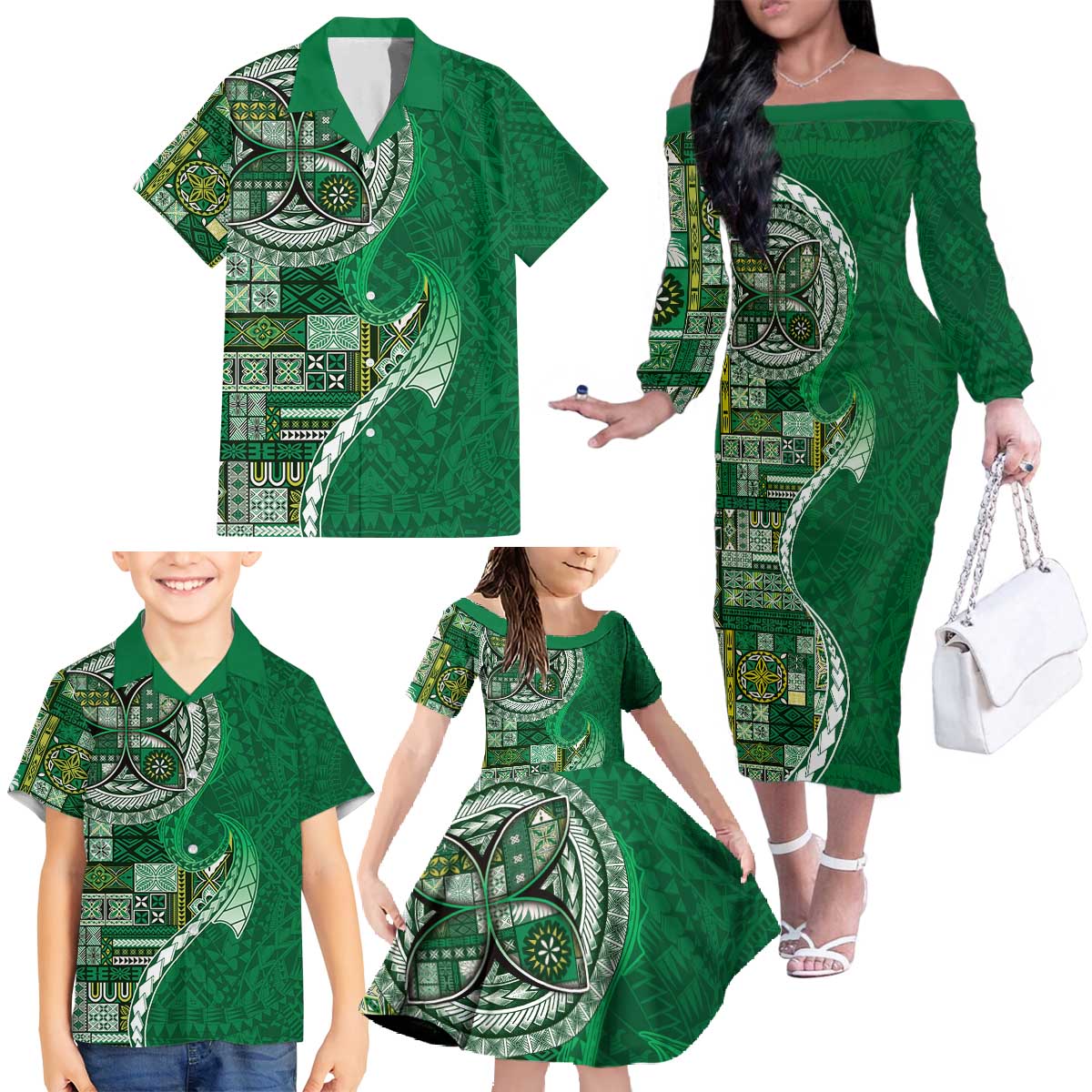 Samoan Siapo Art Tattoo Polynesian Pattern Family Matching Off The Shoulder Long Sleeve Dress and Hawaiian Shirt Green Color - Polynesian Pride