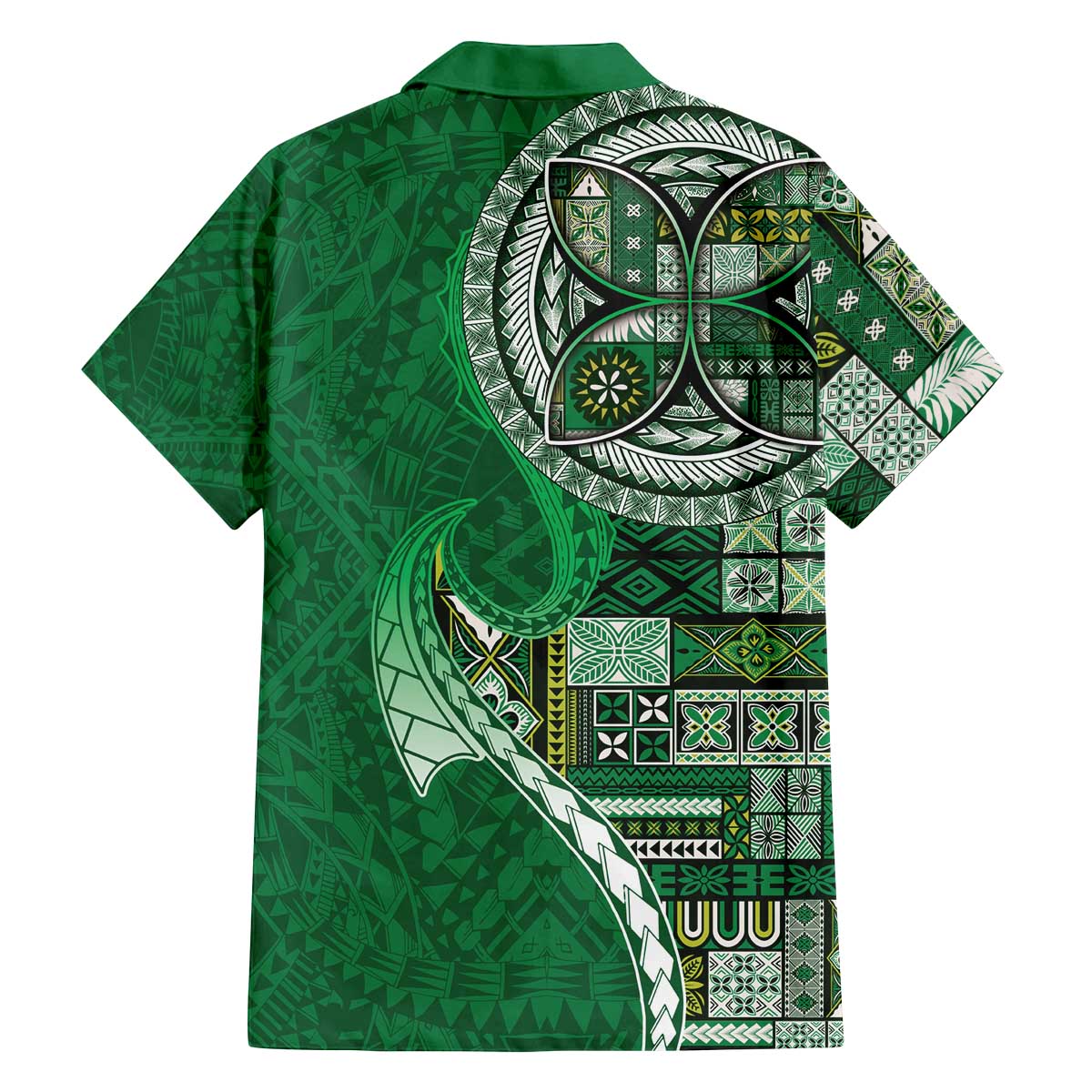 Samoan Siapo Art Tattoo Polynesian Pattern Family Matching Off The Shoulder Long Sleeve Dress and Hawaiian Shirt Green Color - Polynesian Pride