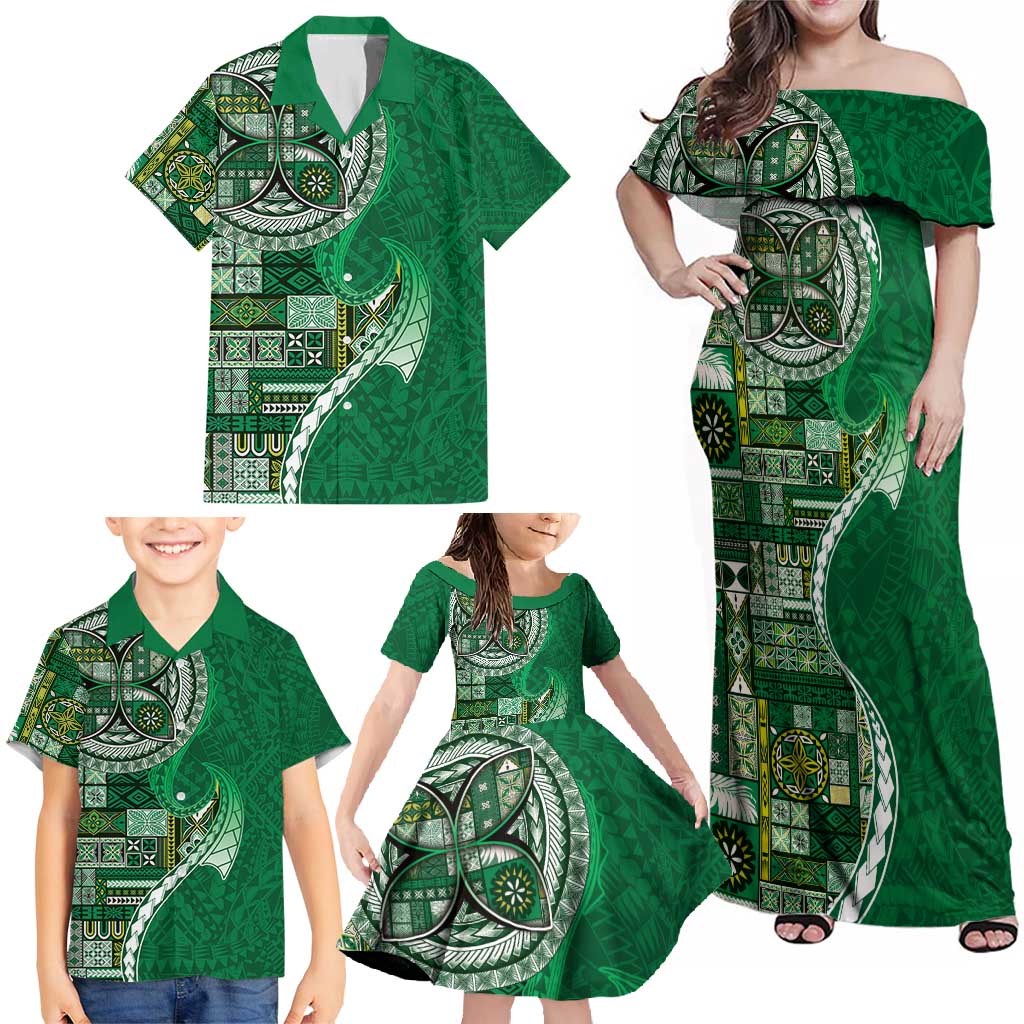 Samoan Siapo Art Tattoo Polynesian Pattern Family Matching Off Shoulder Maxi Dress and Hawaiian Shirt Green Color - Polynesian Pride