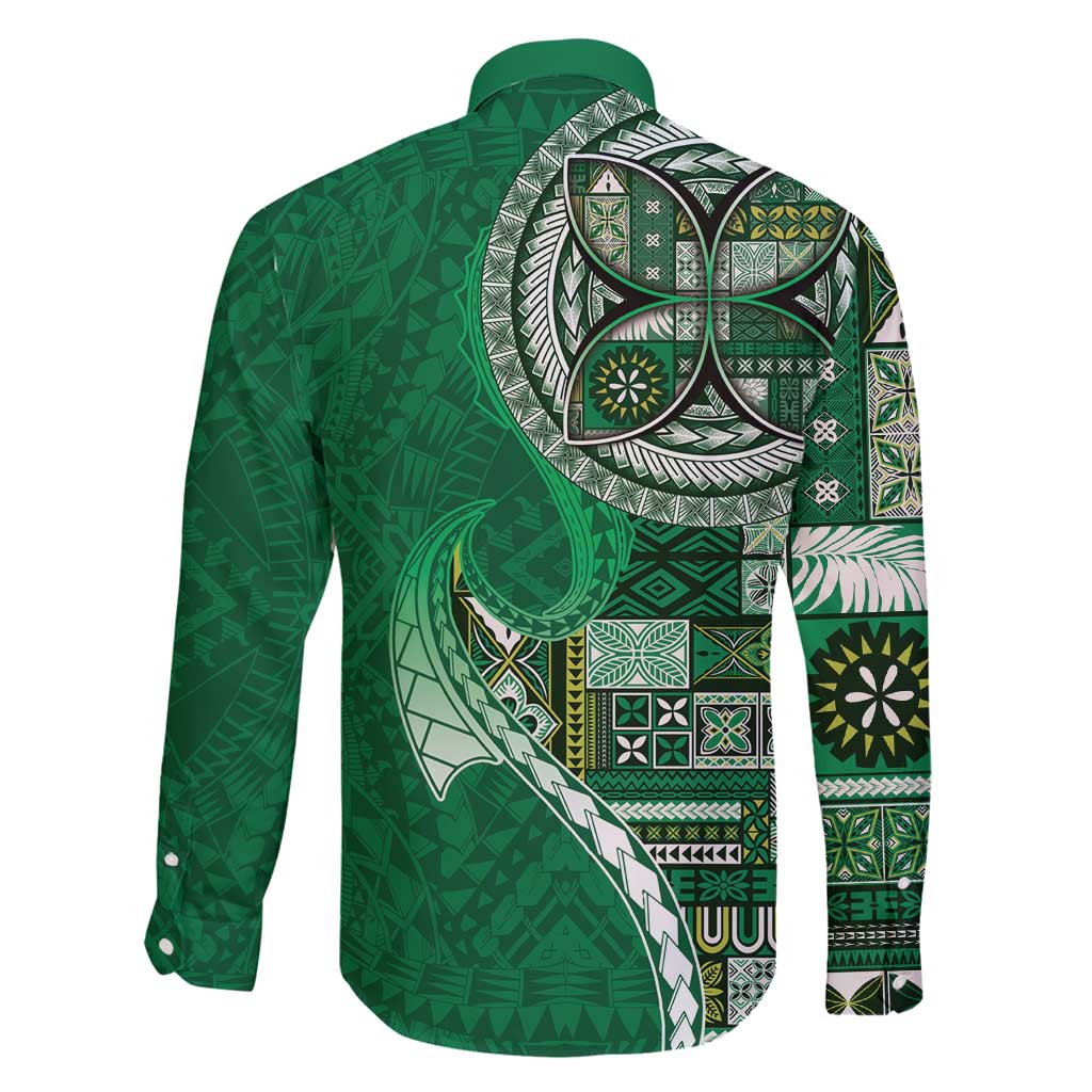 Samoan Siapo Art Tattoo Polynesian Pattern Family Matching Off Shoulder Short Dress and Hawaiian Shirt Green Color - Polynesian Pride