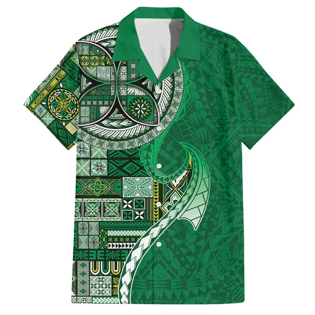 Samoan Siapo Art Tattoo Polynesian Pattern Family Matching Short Sleeve Bodycon Dress and Hawaiian Shirt Green Color - Polynesian Pride