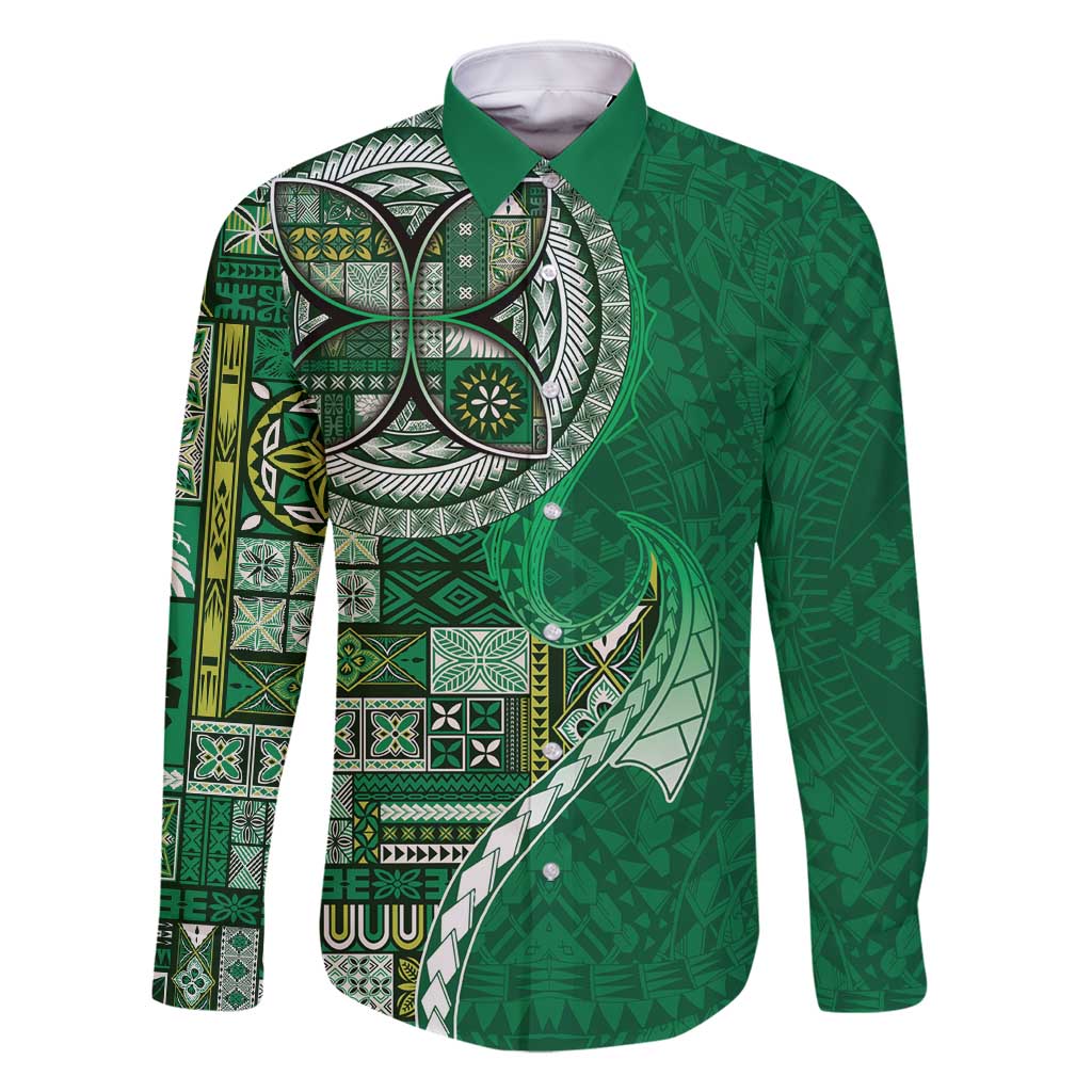 Samoan Siapo Art Tattoo Polynesian Pattern Family Matching Summer Maxi Dress and Hawaiian Shirt Green Color - Polynesian Pride