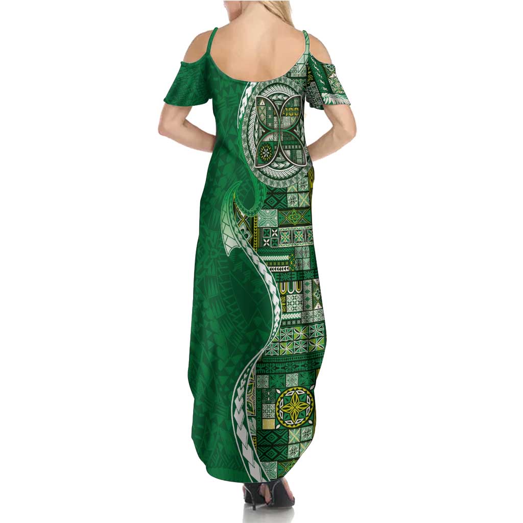 Samoan Siapo Art Tattoo Polynesian Pattern Family Matching Summer Maxi Dress and Hawaiian Shirt Green Color - Polynesian Pride