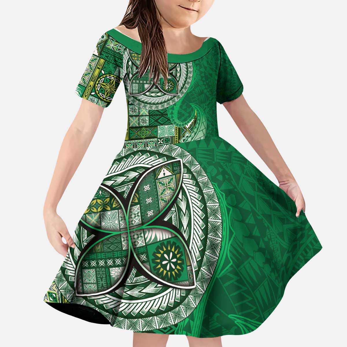 Samoan Siapo Art Tattoo Polynesian Pattern Kid Short Sleeve Dress Green Color LT03 KID Green - Polynesian Pride