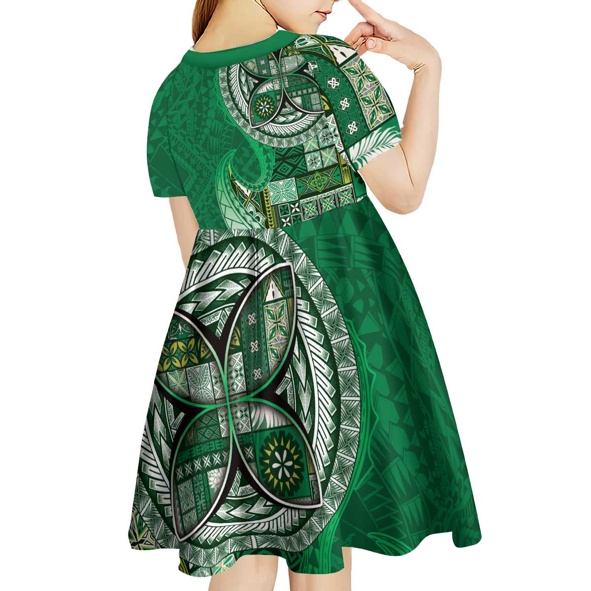 Samoan Siapo Art Tattoo Polynesian Pattern Kid Short Sleeve Dress Green Color LT03 - Polynesian Pride