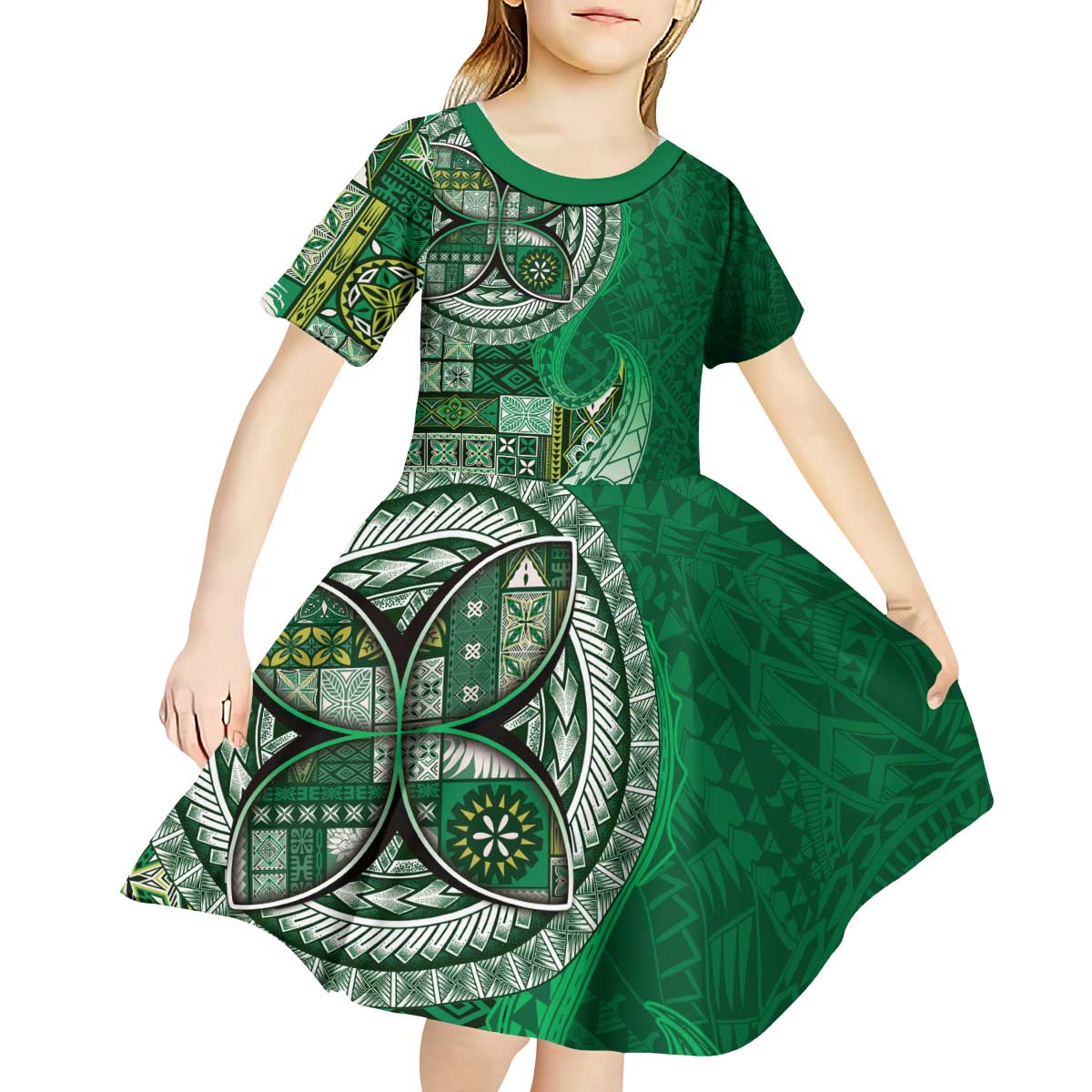 Samoan Siapo Art Tattoo Polynesian Pattern Kid Short Sleeve Dress Green Color LT03 - Polynesian Pride
