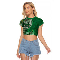 Samoan Siapo Art Tattoo Polynesian Pattern Raglan Cropped T Shirt Green Color - Polynesian Pride