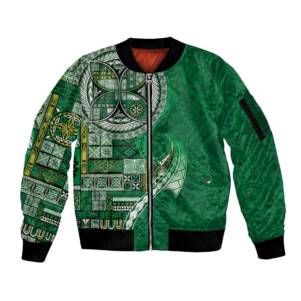 Samoan Siapo Art Tattoo Polynesian Pattern Sleeve Zip Bomber Jacket Green Color - Polynesian Pride