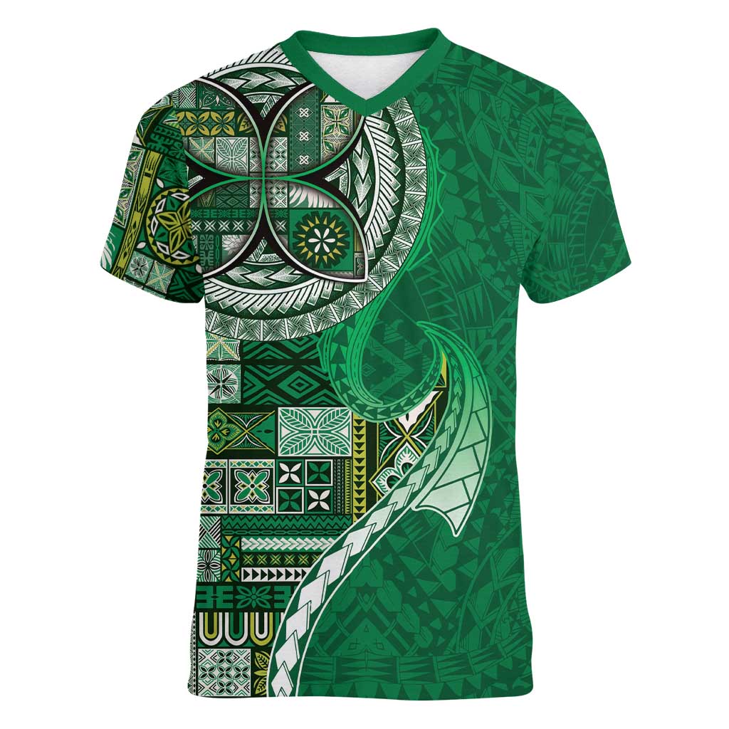 Samoan Siapo Art Tattoo Polynesian Pattern Women V-Neck T-Shirt Green Color - Polynesian Pride