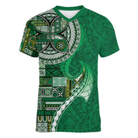 Samoan Siapo Art Tattoo Polynesian Pattern Women V-Neck T-Shirt Green Color - Polynesian Pride
